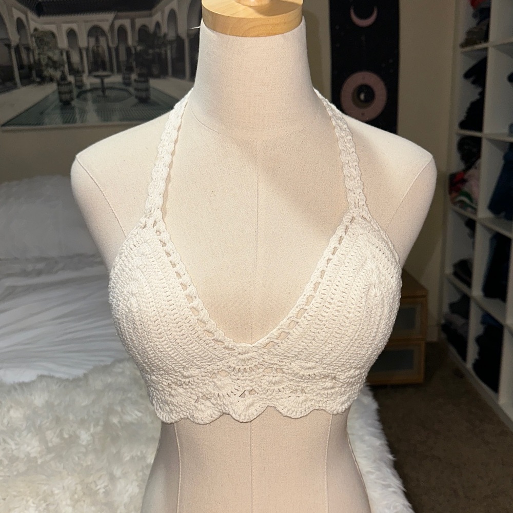 Far Away | Vintage Crochet Knit Bikini Top Halter Bralette Cream